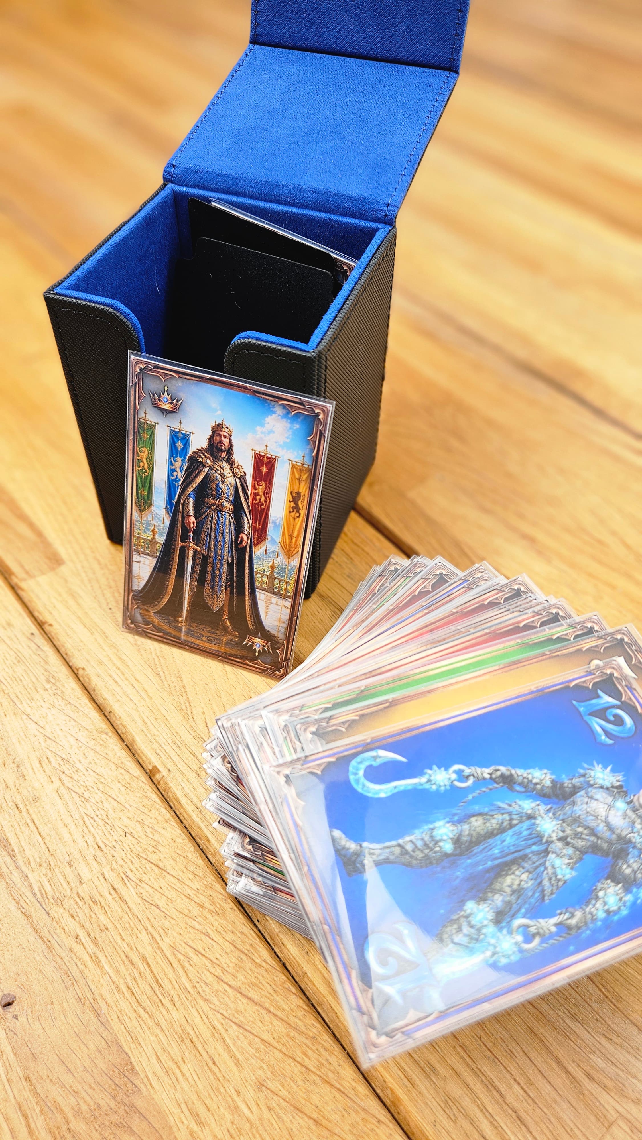 Open Crowns card box with a stack of playing cards on a wooden table